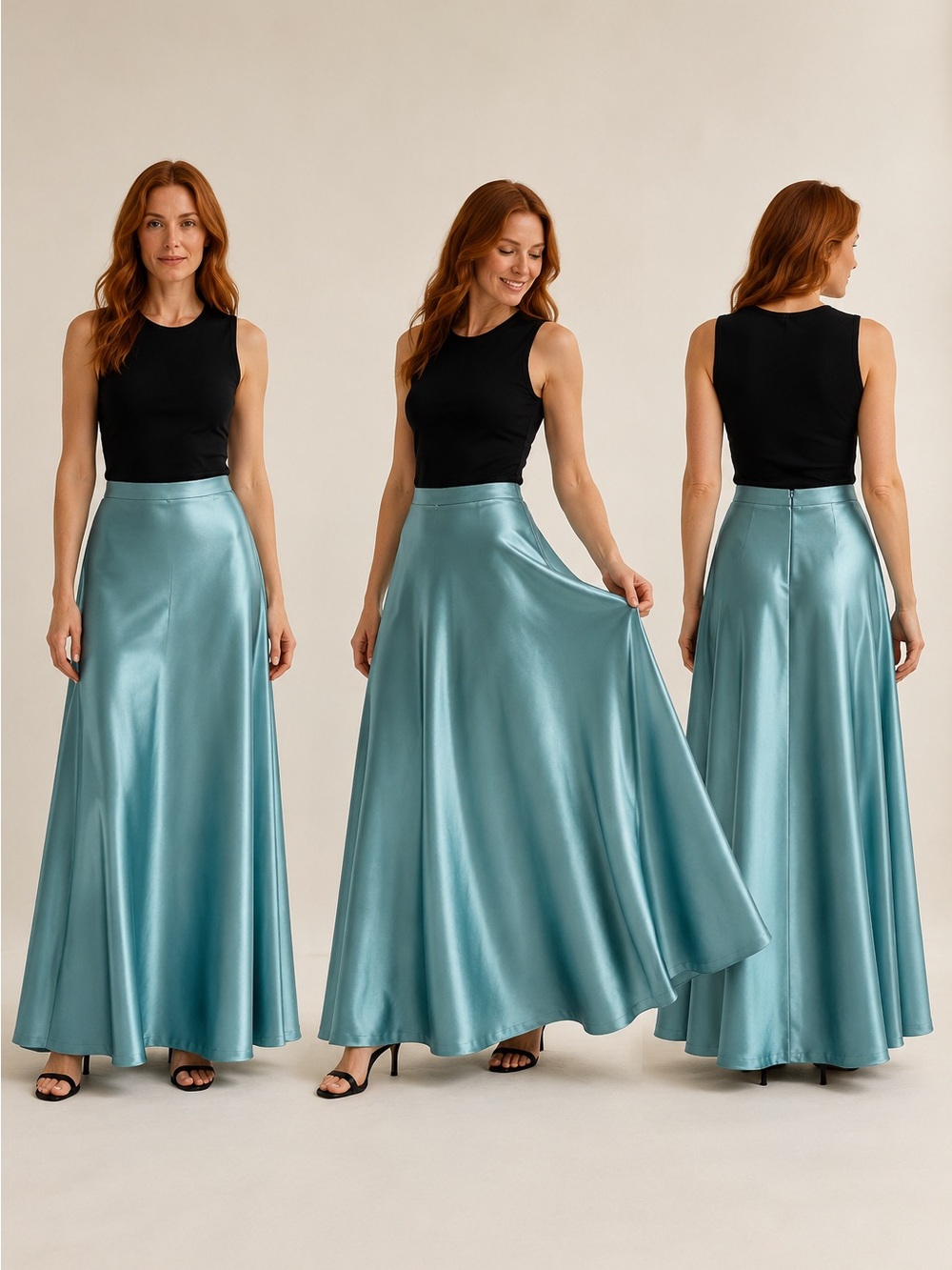 Maria Bianca Nero Aqua Satin Full Sweep Maxi Skirt M Made in USA